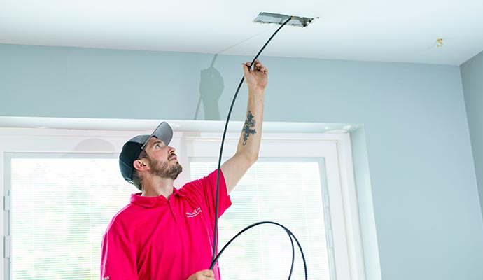 Professional worker sanitizing air duct