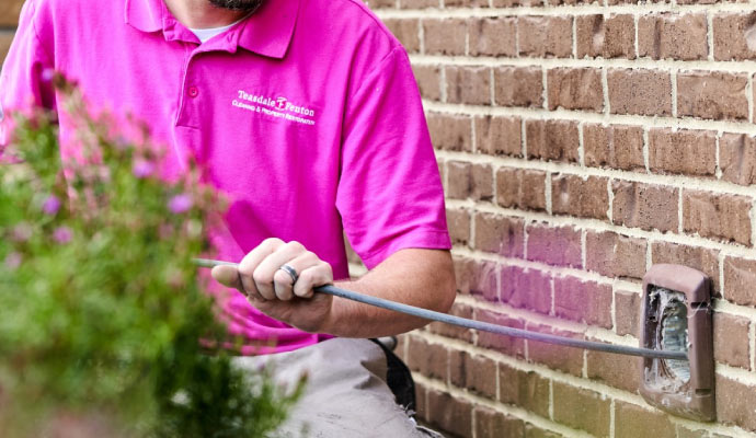 Person cleaning a dryer vent outside the house