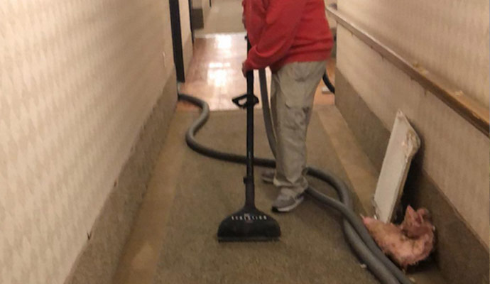 Person cleaning corridor carpet with equipment