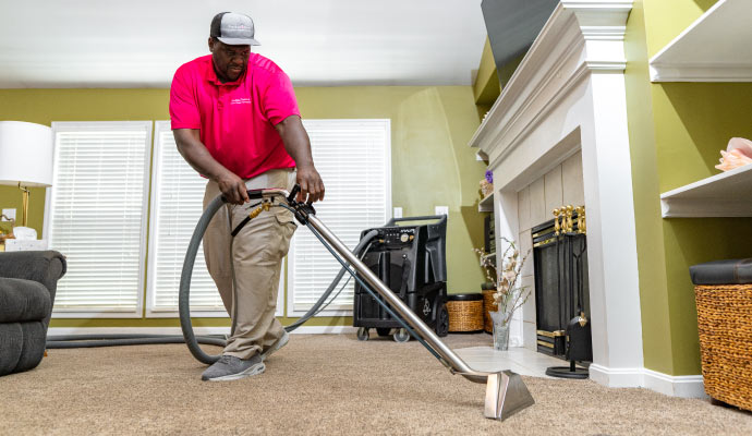 Person cleaning carpet with equipment