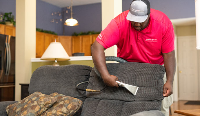 Person cleaning sofa with vacuum cleaner