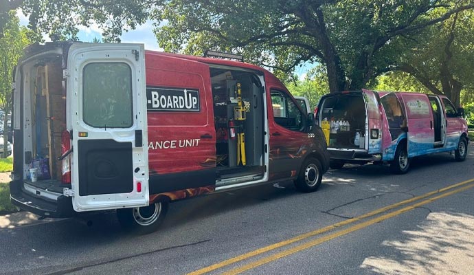 Board up service vehicles